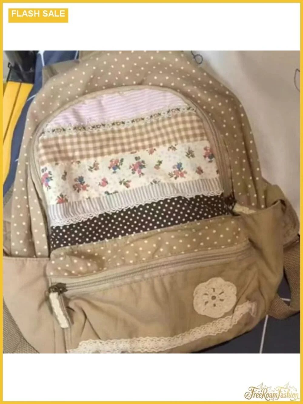Floral Print Canvas Backpack with Polka Dots Kawaii Shoulder Bag Lace Vintage